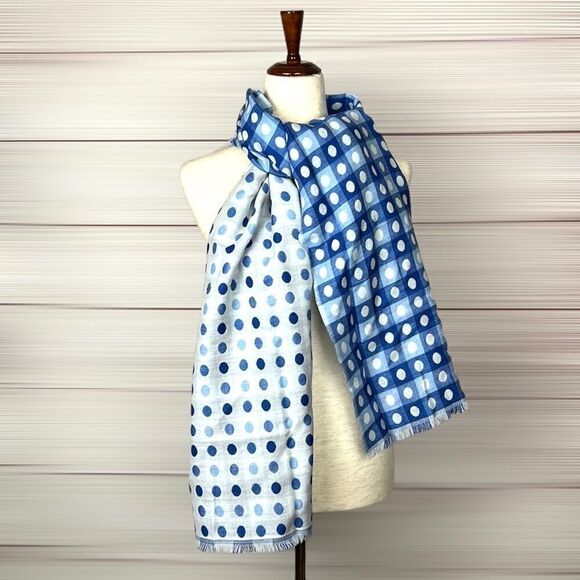 Talbots Accessories - NWT TALBOTS Wool Blend Blue White Polka Dot Check Fringe Trim Wrap Scarf
